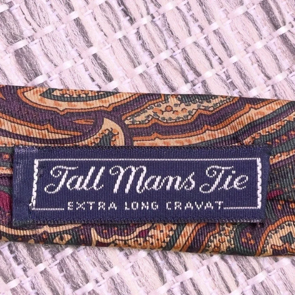 Vtg J.D. Howell Tall Mans Tie Paisley Silk Burgundy Green Gold USA Made 56x3.75